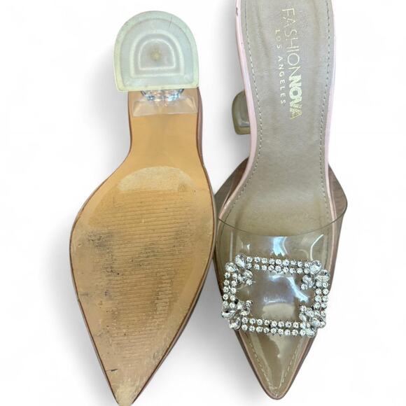 Fashion Nova Clear PVC Rhinestone Mule Heels Pink Lucite Flared Heel Size 6 - Picture 4 of 6